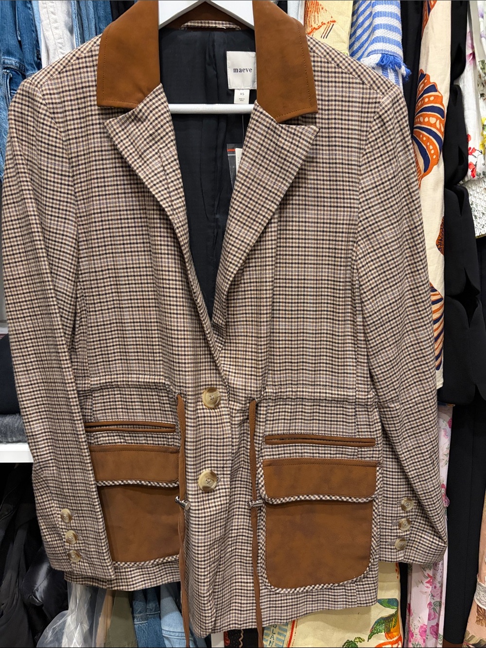 Maeve Tan & Brown Checked Shirt Jacket with Suede Trim